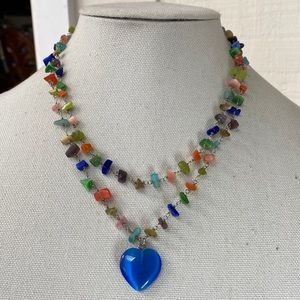 Colorful blue heart and glass chip stone necklace